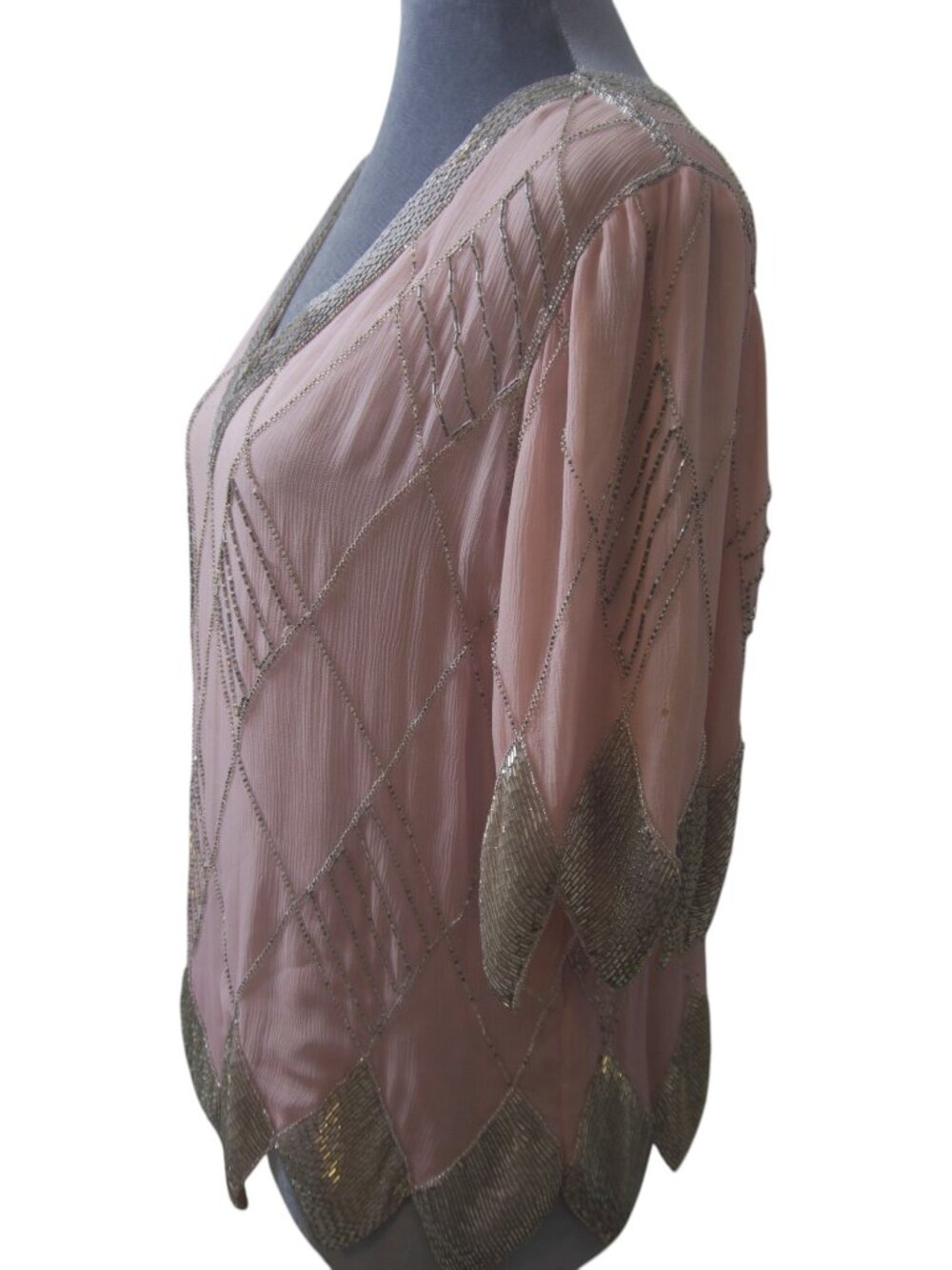Judith Ann Creations 100% Silk Dusty Pink Silver Beaded Art Deco Top M - Picture 5 of 16